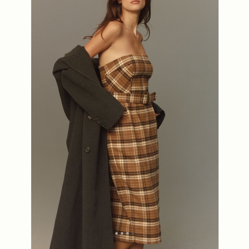Anthropologie Strapless Belted Midi Dress New Plaid Brown Wool Size 2 - Picture 2 of 16